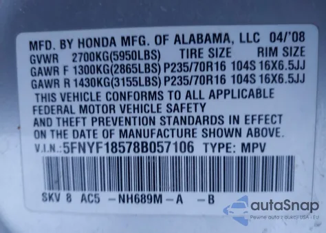 2008 Honda Pilot Ex-L из США, поврежденный, VIN 5FNYF18578B057106